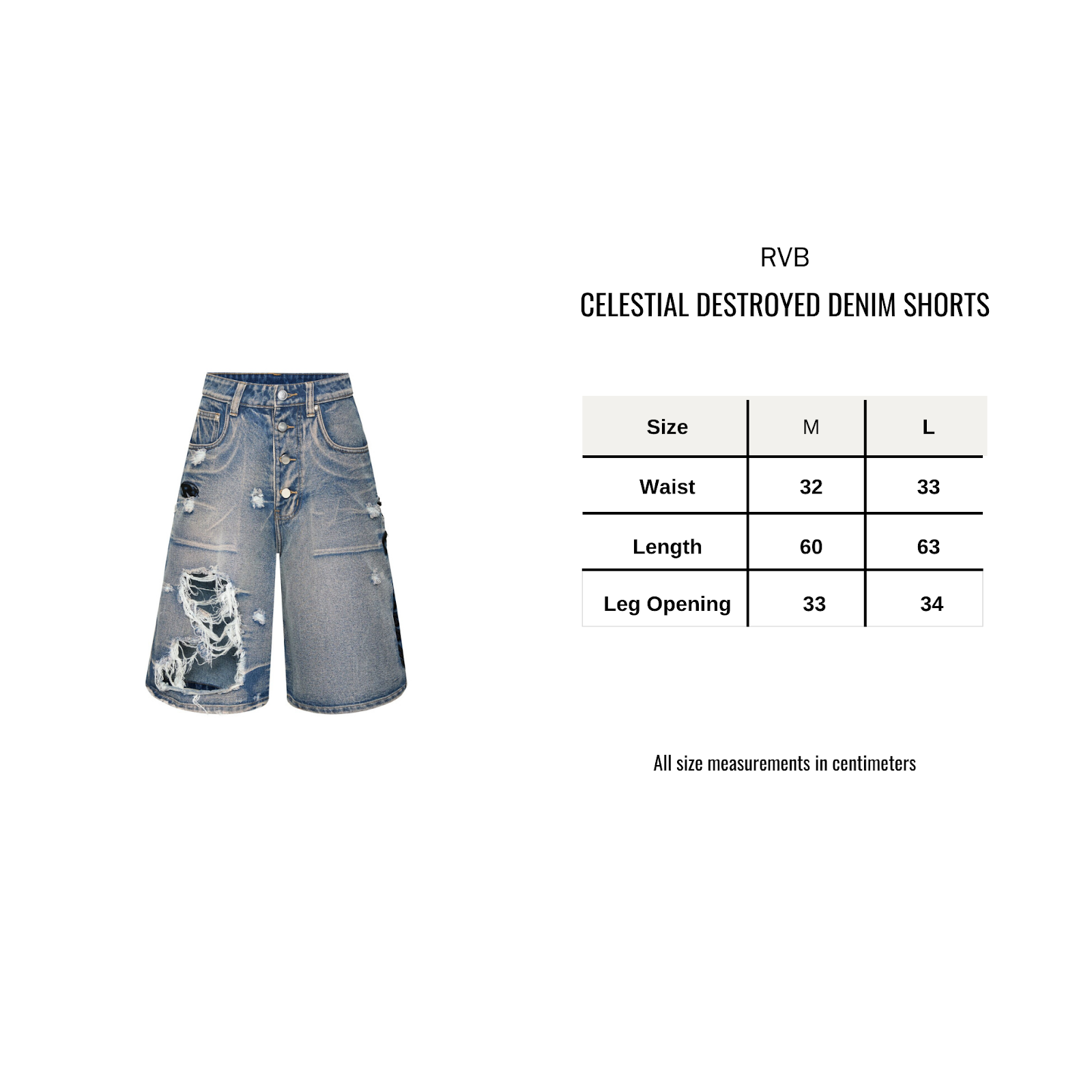 Celestial Destroyed Denim Shorts size chart