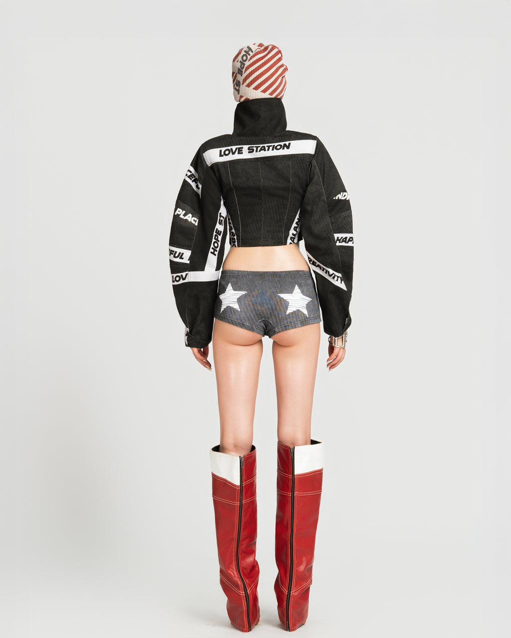 Map High Neck Crop Jacket Black