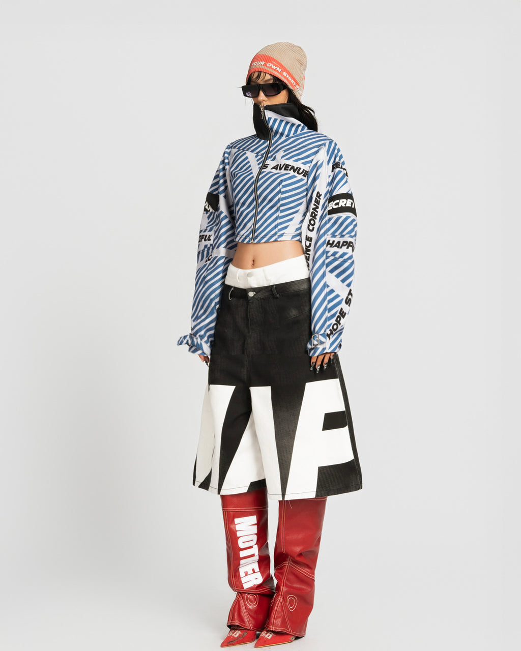 Map High Neck Crop Jacket Blue