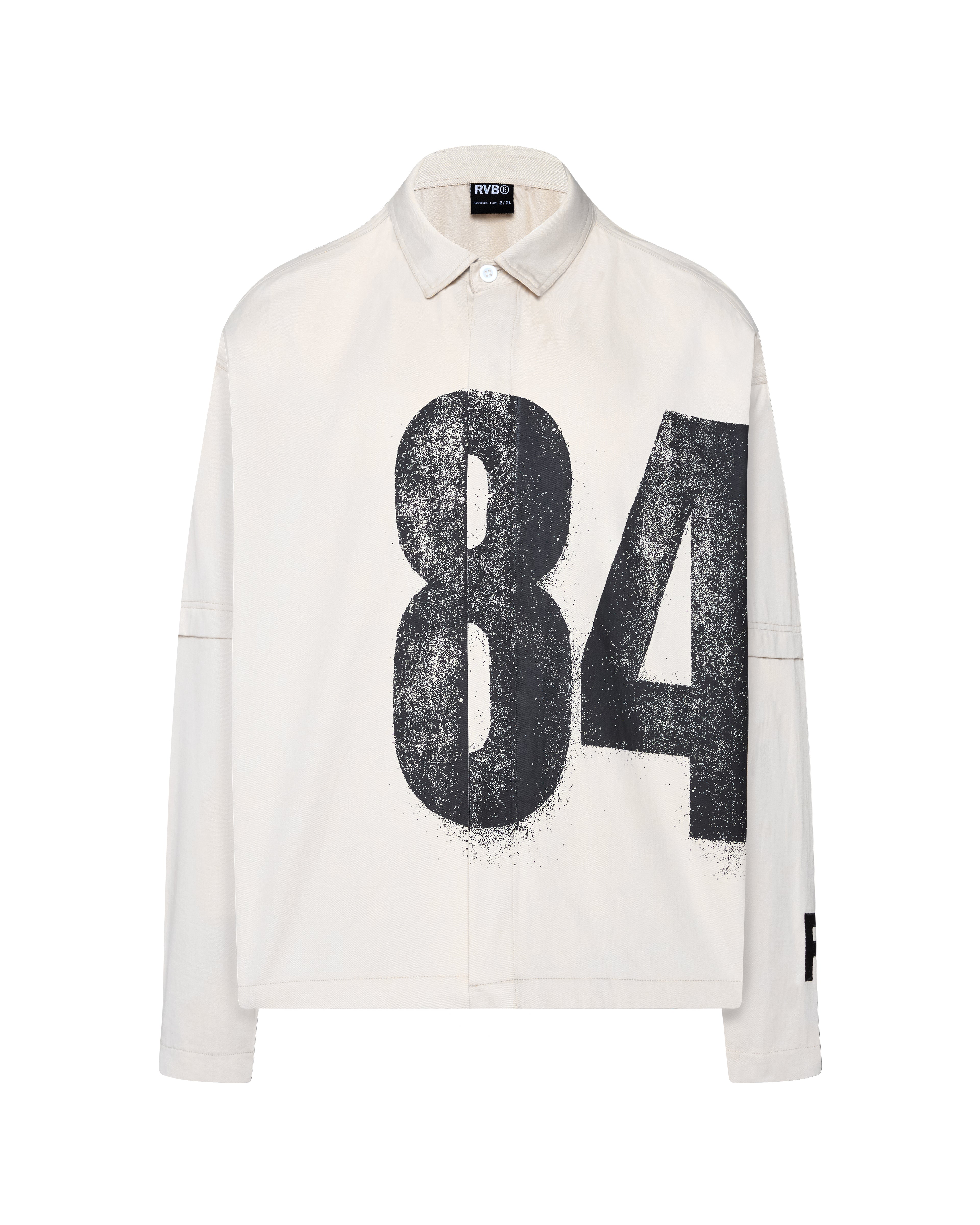 White shirt with black number 84 print on a white background