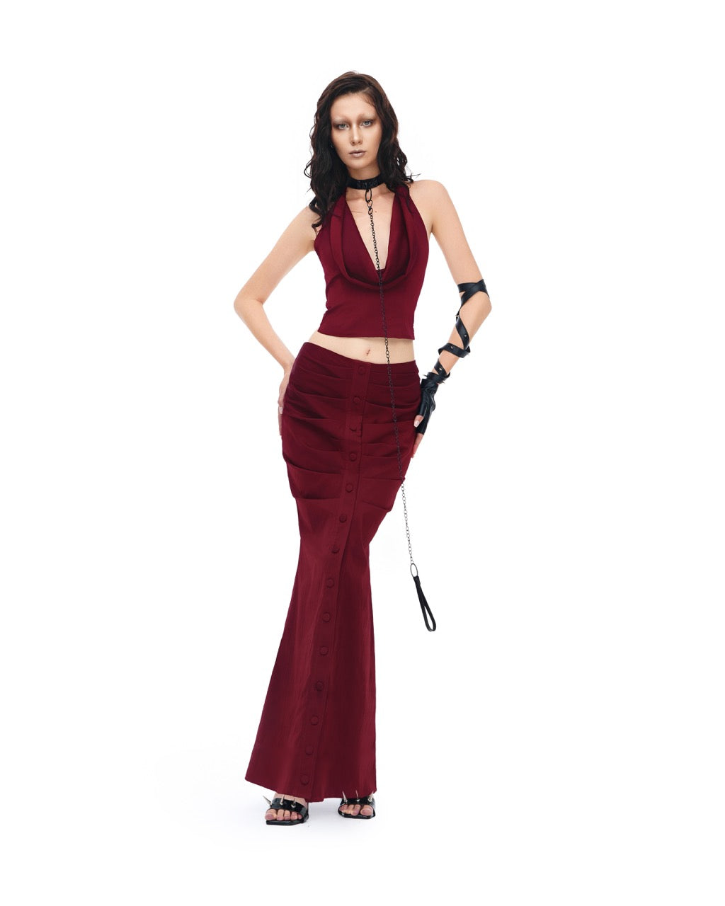 LINISS Crimson Button Skirt Vietnamese Womenswear