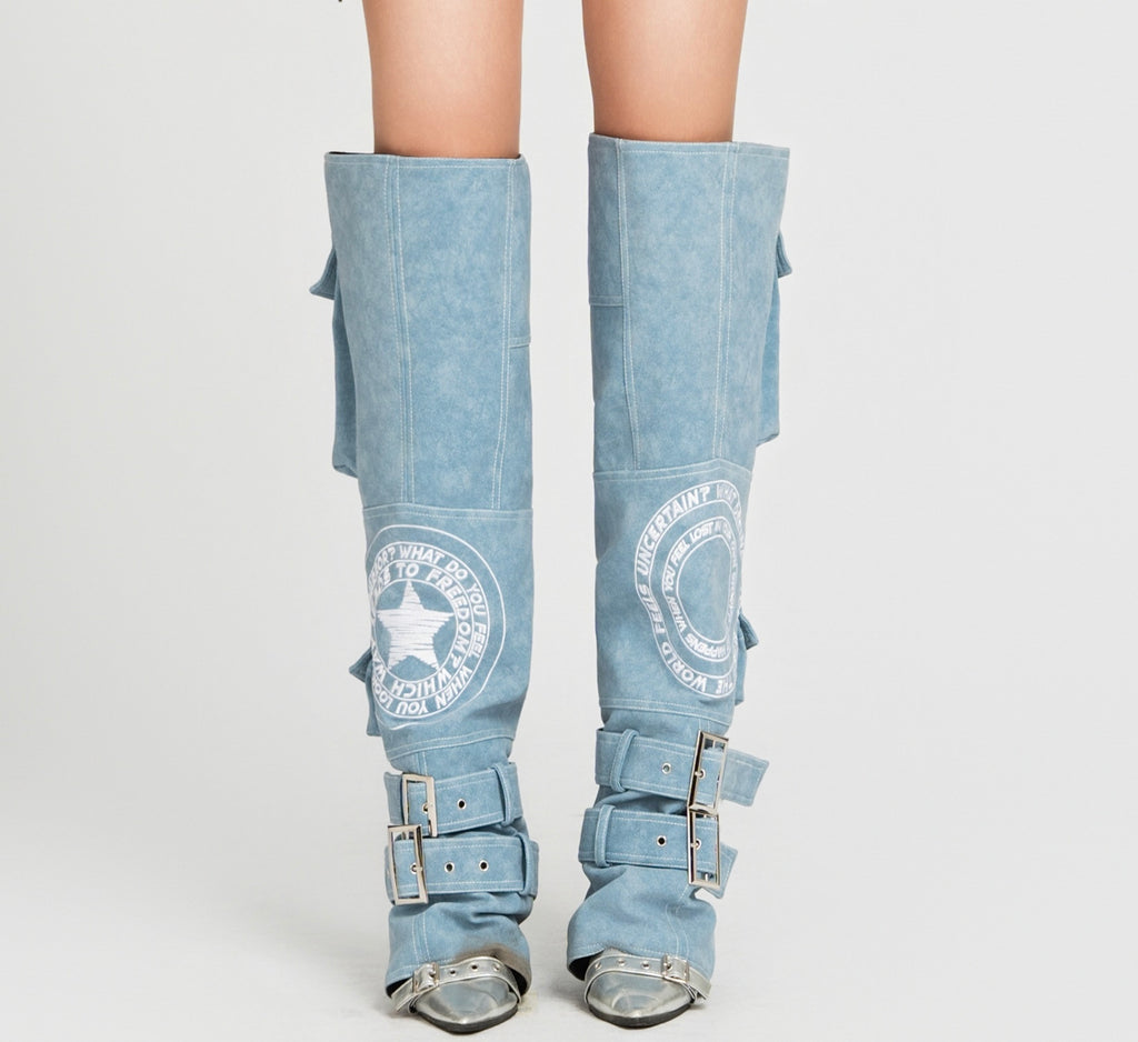 Map Faux Embroidered Cover Boots  Vietnamese Experimental Womenswear
