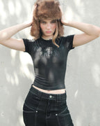 OLIEBAE Fearless Silk Print Printed Baby Tee Fitted Black Vietnamese Streetwear