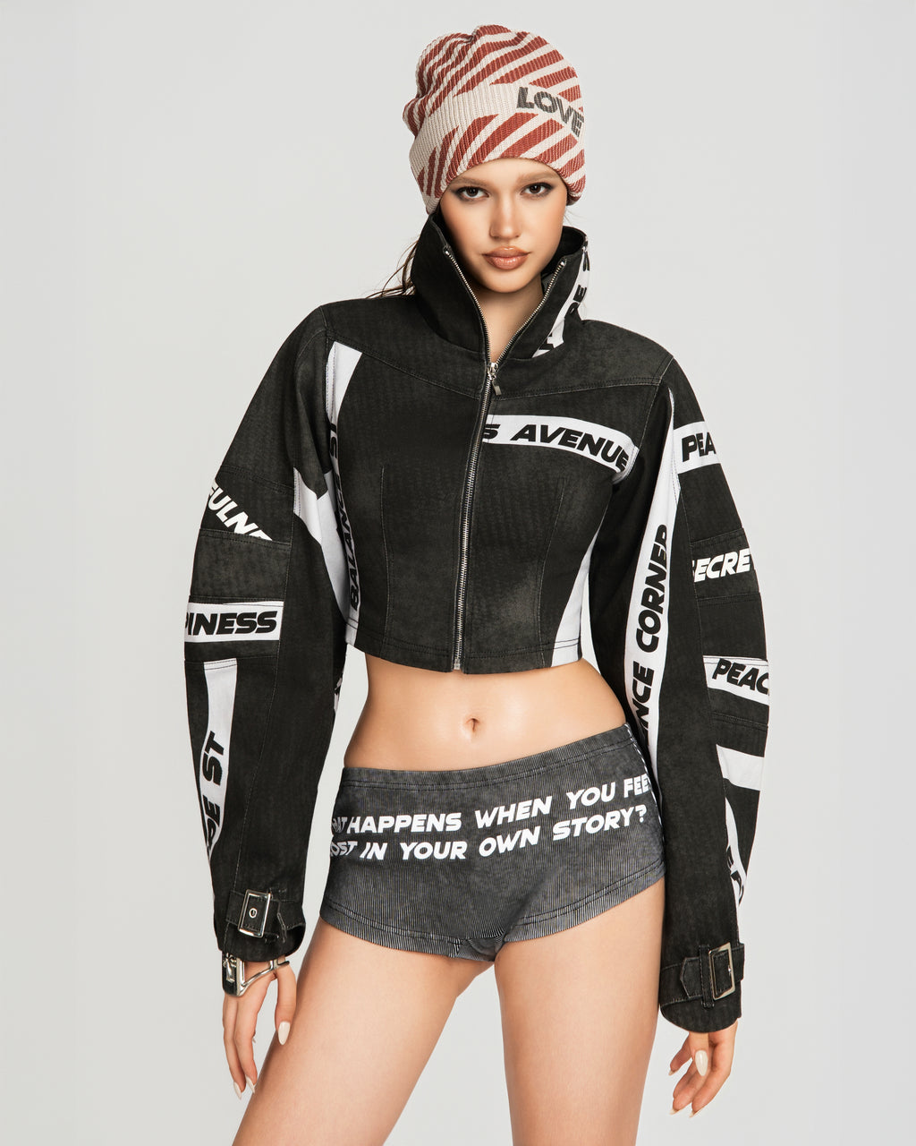 TATICHU Map High Neck Crop Jacket Black Vietnamese Experimental Womenswear