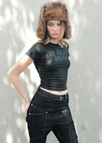 OLIEBAE Fearless Silk Print Printed Baby Tee Fitted Black Vietnamese Streetwear